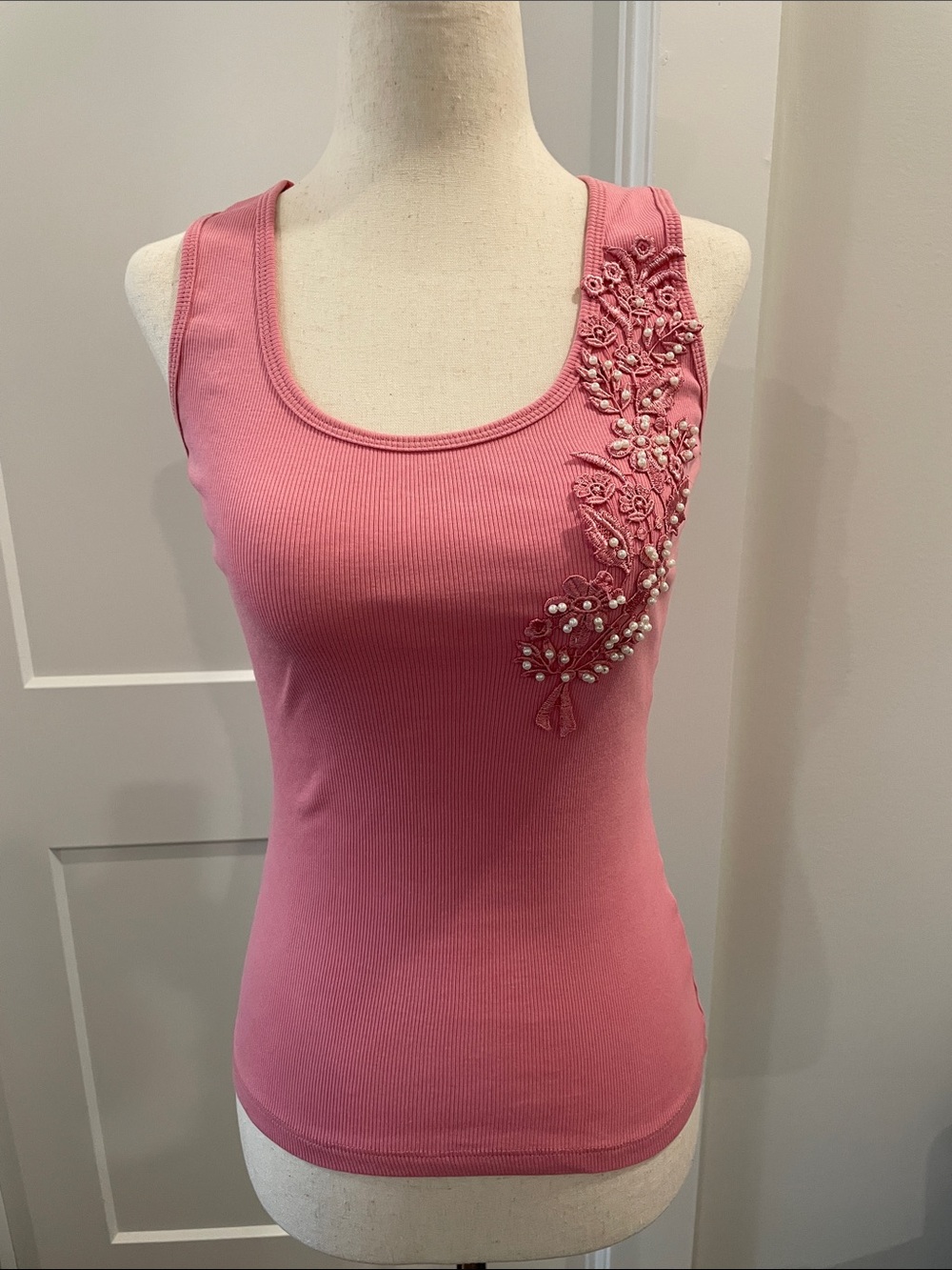 Vintage Pink Embellished Ribbed Tank Top